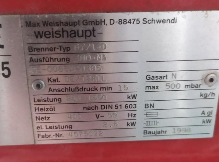 Tabliczka znamionowa palnika gazowego Weishaupt 1550KW